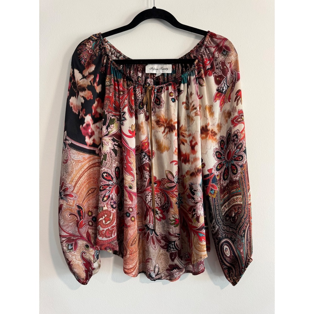 Fifteen Twenty Mixed Paisley Blouse silky Womens Small Multicolor Peasant Top‎
